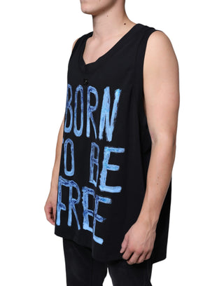 Schwarzes ärmelloses Baumwoll-T-Shirt mit „Born To Be Free“-Aufdruck