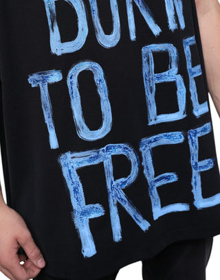 Schwarzes ärmelloses Baumwoll-T-Shirt mit „Born To Be Free“-Aufdruck