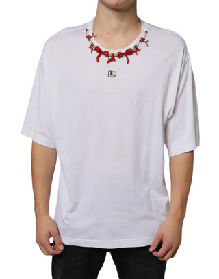 Weißes T-Shirt aus Baumwolle mit bestickter Halskette