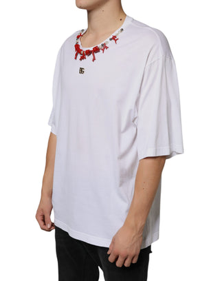 Weißes T-Shirt aus Baumwolle mit bestickter Halskette