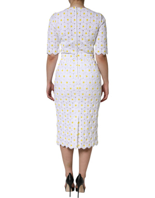White Daisy Macrame Lace Sheath Midi Dress
