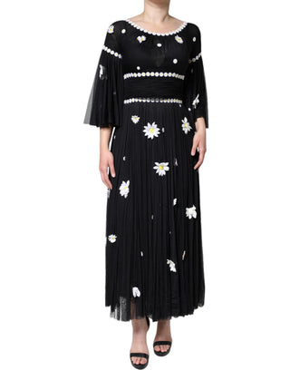 Schwarzes Seiden-Gänseblümchen A-Linien Maxikleid