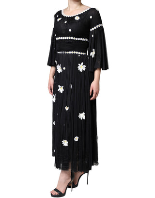 Schwarzes Seiden-Gänseblümchen A-Linien Maxikleid