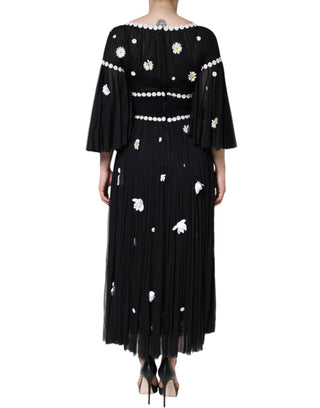 Schwarzes Seiden-Gänseblümchen A-Linien Maxikleid