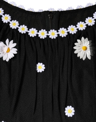 Schwarzes Seiden-Gänseblümchen A-Linien Maxikleid