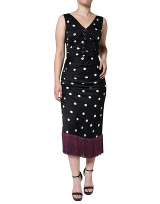 Schwarzes Polka-Dot V-Ausschnitt Quasten Midikleid aus Seide