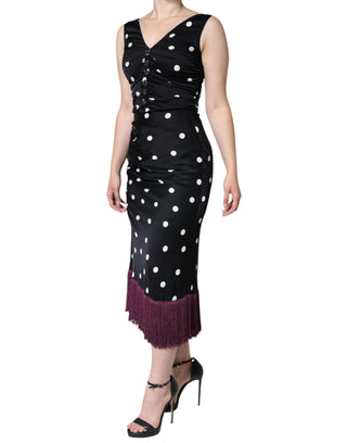 Schwarzes Polka-Dot V-Ausschnitt Quasten Midikleid aus Seide