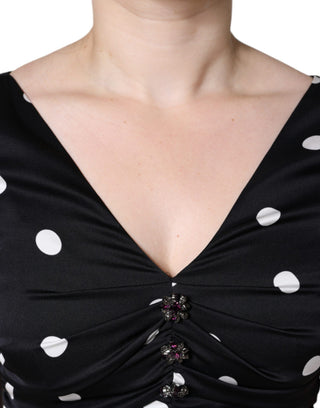 Schwarzes Polka-Dot V-Ausschnitt Quasten Midikleid aus Seide