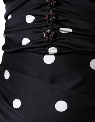 Schwarzes Polka-Dot V-Ausschnitt Quasten Midikleid aus Seide