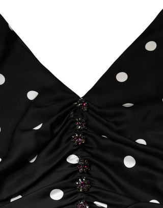 Schwarzes Polka-Dot V-Ausschnitt Quasten Midikleid aus Seide