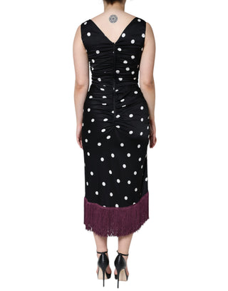 Schwarzes Polka-Dot V-Ausschnitt Quasten Midikleid aus Seide