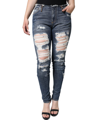 Jeans ajustados rasgados de algodón elástico azul