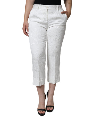 Weiße florale Brokat-Baumwoll-Cropped-Hose