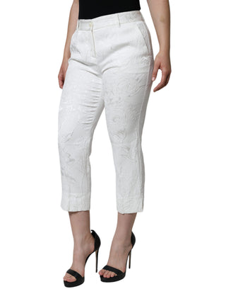 Weiße florale Brokat-Baumwoll-Cropped-Hose