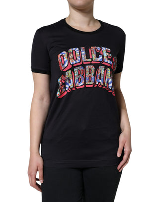 Schwarzes Baumwoll-T-Shirt mit Logo-Print und Rundhalsausschnitt