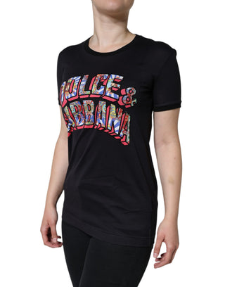 Schwarzes Baumwoll-T-Shirt mit Logo-Print und Rundhalsausschnitt