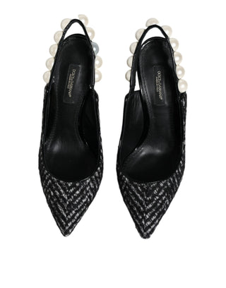 Weiß-Schwarz Chevron-Muster Slingpumps mit Kunstperlen