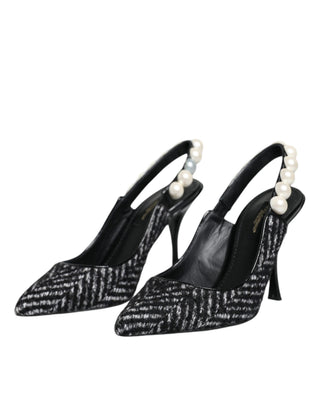 Weiß-Schwarz Chevron-Muster Slingpumps mit Kunstperlen