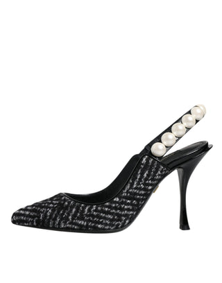 Weiß-Schwarz Chevron-Muster Slingpumps mit Kunstperlen