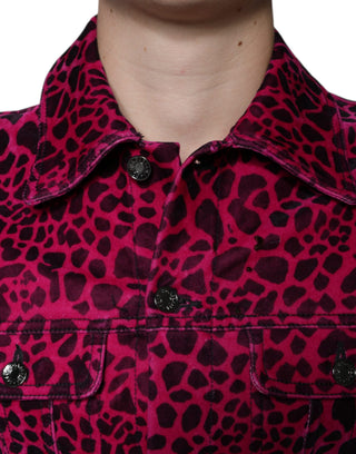 Fuchsiafarbene Leoparden-Hemdjacke mit Kragen