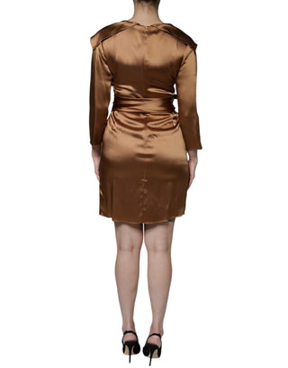 Braunes Satin-Minikleid mit langen Ärmeln und Wickelrock