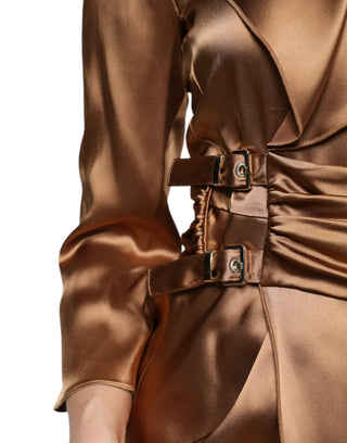 Braunes Satin-Minikleid mit langen Ärmeln und Wickelrock