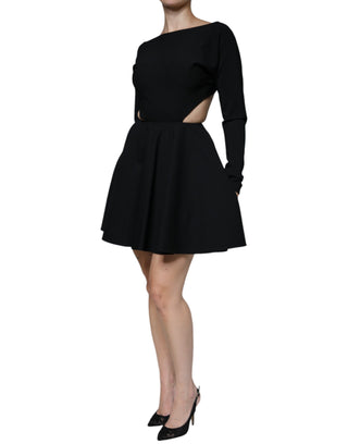 Schwarzes Mini-A-Linien-Kleid aus Viskose mit Cut-Outs und langen Ärmeln