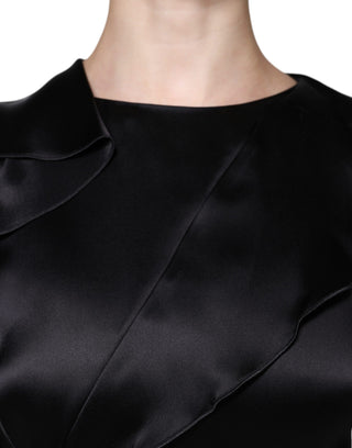 Schwarzes Satin-Wickel-Minikleid mit langen Ärmeln
