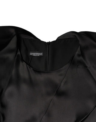 Schwarzes Satin-Wickel-Minikleid mit langen Ärmeln