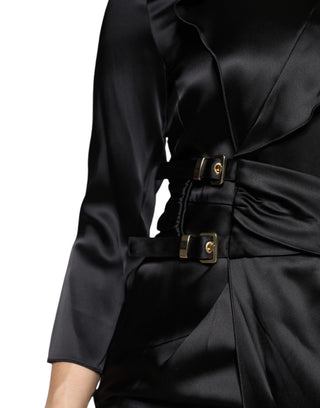 Schwarzes Satin-Wickel-Minikleid mit langen Ärmeln