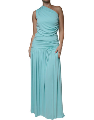 Hellblaues, langes drapiertes One-Shoulder-Jerseykleid
