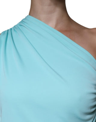 Hellblaues, langes drapiertes One-Shoulder-Jerseykleid