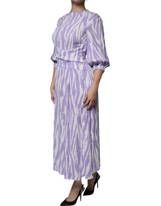 Weiß-Lila Gemustertes Viskose Maxikleid mit kurzen Ärmeln