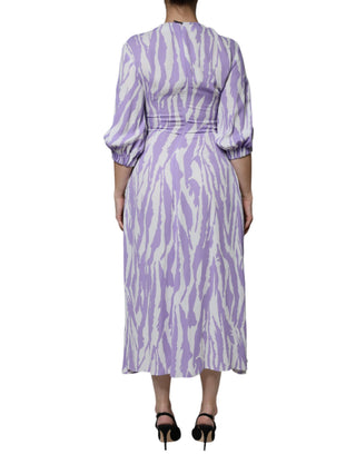 Weiß-Lila Gemustertes Viskose Maxikleid mit kurzen Ärmeln