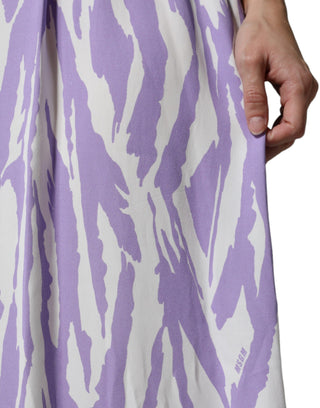 Weiß-Lila Gemustertes Viskose Maxikleid mit kurzen Ärmeln