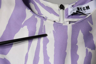 Weiß-Lila Gemustertes Viskose Maxikleid mit kurzen Ärmeln