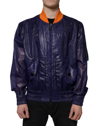 Chaqueta bomber azul de algodón elástico con cremallera completa
