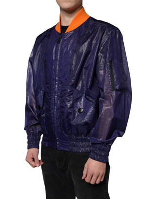 Chaqueta bomber azul de algodón elástico con cremallera completa