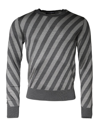 Grau gestreifter Langarm-Pullover mit Rundhalsausschnitt