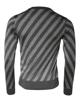 Grau gestreifter Langarm-Pullover mit Rundhalsausschnitt