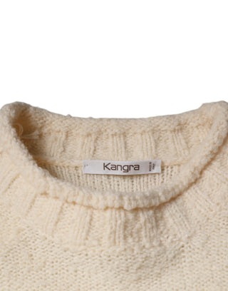 Beigefarbener Pullover aus Wolle, Strick, Langarm, Rundhals