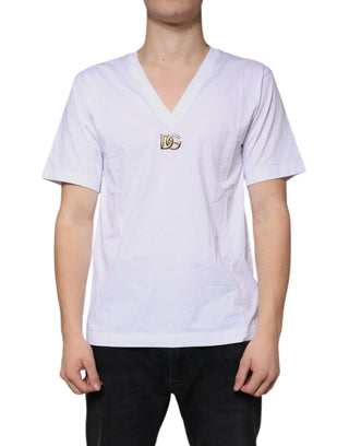Weißes Logo Baumwoll-V-Ausschnitt Kurzarm-T-Shirt