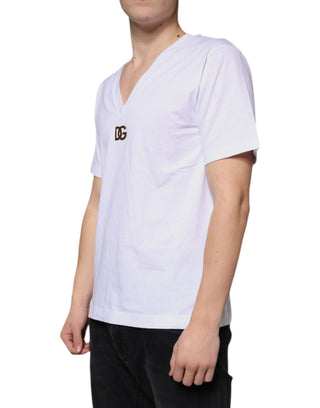 Weißes Logo Baumwoll-V-Ausschnitt Kurzarm-T-Shirt