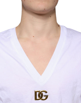 Weißes Logo Baumwoll-V-Ausschnitt Kurzarm-T-Shirt