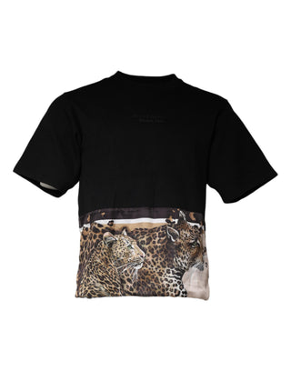 Camiseta de manga corta de algodón con estampado de leopardo negro  