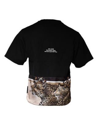 Camiseta de manga corta de algodón con estampado de leopardo negro  