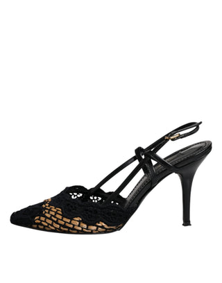 Zapatos con tacón alto y tira trasera en negro y marrón con encaje