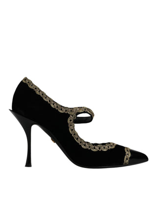 Schwarze Samt Gold Mary Janes Pumps Schuhe