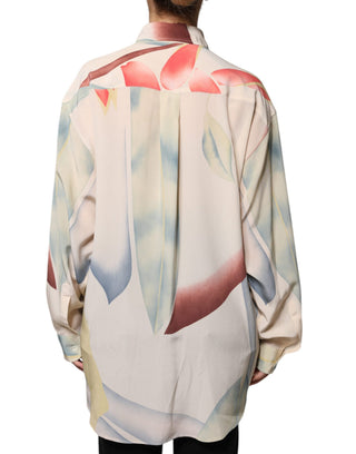 Beige bedruckte Bluse mit Kragen, Knopfleiste und langen Ärmeln