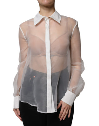 Blusa blanca transparente con cuello, botones y mangas largas